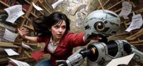 A writer fighting off an AI writing robot copy